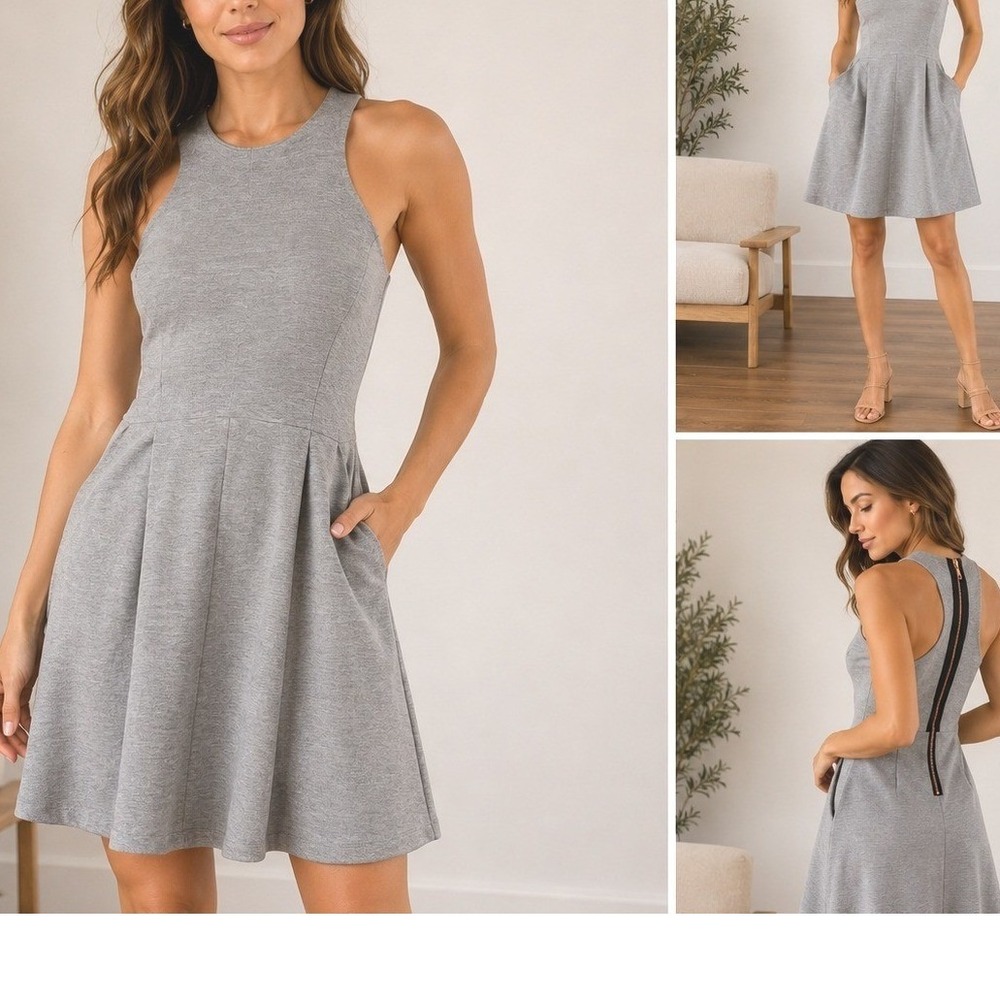 Milly New York Gray Racerback Mini Dress Rose Gold Zipper Pockets Size S